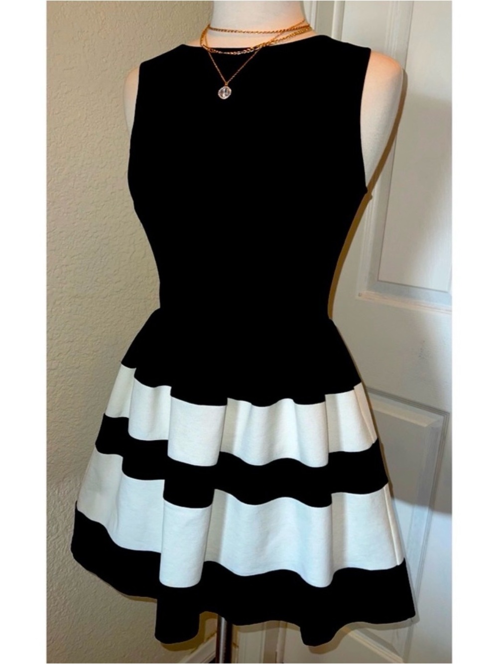 Black & White Striped Peplum Midi Dress